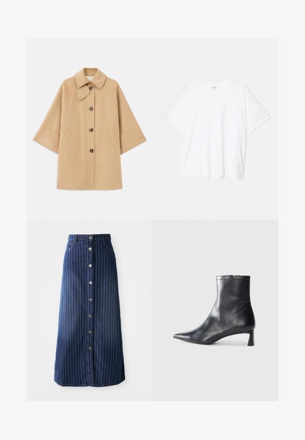 Beige wool blend coat with a classic collar, front button closure, and side pockets; features raglan sleeves and a clean, structured design.; White cotton t-shirt with short sleeves, round neckline, relaxed fit, and stitched hem. Label visible on the inside neck.; Dark denim maxi skirt with vertical white stripes, front button closure, and a slight flare at the hem. Features five buttons and contrast stitching.; Black leather ankle boot with a pointed toe and a sleek design. Features a low heel and a zipper closure at the back. Smooth texture.