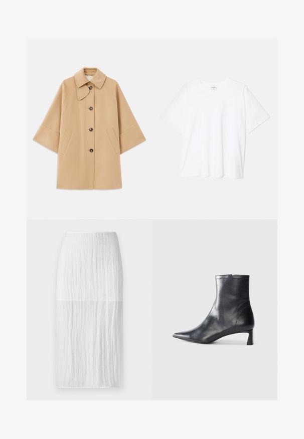 Beige uldblandingsfrakke med klassisk krave, frontknaplukning og sidelommer; har raglanærmer og et rent, struktureret design.; Hvid bomulds-t-shirt med korte ærmer, rund halsudskæring, afslappet pasform og stitched søm. Mærket er synligt indeni halsen.; Hvid knælængde nederdel lavet af tekstureret stof med lodrette folder, der har en glat talje og en lige silhuet.; Sort læder ankelstøvle med spids tå og et strømlinet design. Har en lav hæl og en lynlås lukning bagpå. Glat tekstur.