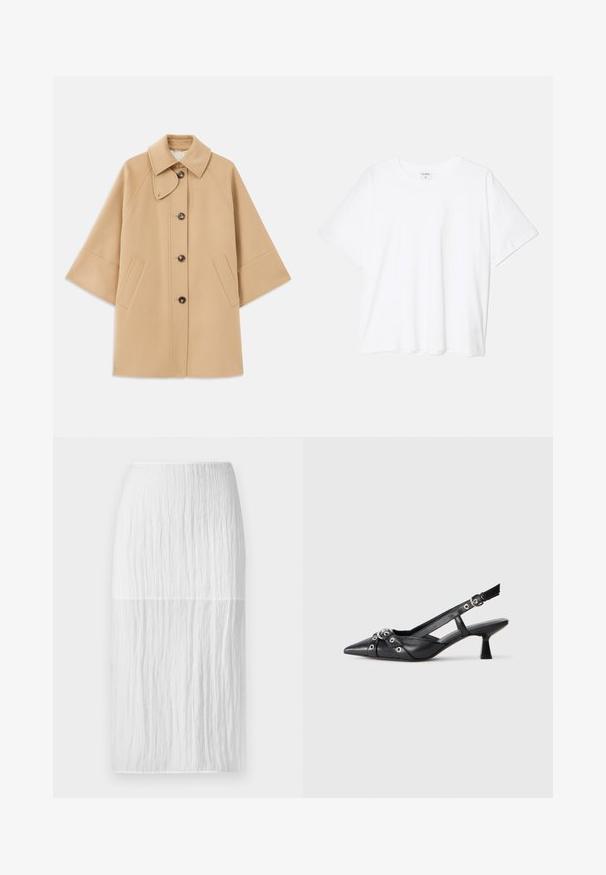 Bež kaput od vune s kombinacijom materijala, klasičnog ovratnika, prednjim zatvorenjem na dugmad i bočnim dzepovima; ima raglan rukave i čist, strukturiran dizajn.; Bijela pamučna majica s kratkim rukavima, okruglim izrezom, opuštenim krojem i šivenim rubom. Etiketa je vidljiva na unutarnjoj strani vrata.; Bijela suknja do koljena izrađena od teksturirane tkanine s vertikalnim nabora, koja ima glatki pojas i ravnu siluetu.; Crne kožne cipele s remenom oko pete, s izduženim vrhom, dekorativnim trakama s metalnim rupama i niskom blok petom. Teksturirana površina.