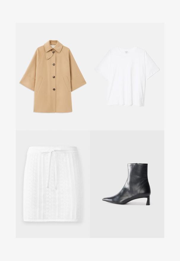 Beige uldblandingsfrakke med klassisk krave, frontknaplukning og sidelommer; har raglanærmer og et rent, struktureret design.; Hvid bomulds-t-shirt med korte ærmer, rund halsudskæring, afslappet pasform og stitched søm. Mærket er synligt indeni halsen.; Strikket hvid nederdel med et struktureret mønster og lodrette striber; har en snor i taljen og en bølget kant.; Sort læder ankelstøvle med spids tå og et strømlinet design. Har en lav hæl og en lynlås lukning bagpå. Glat tekstur.