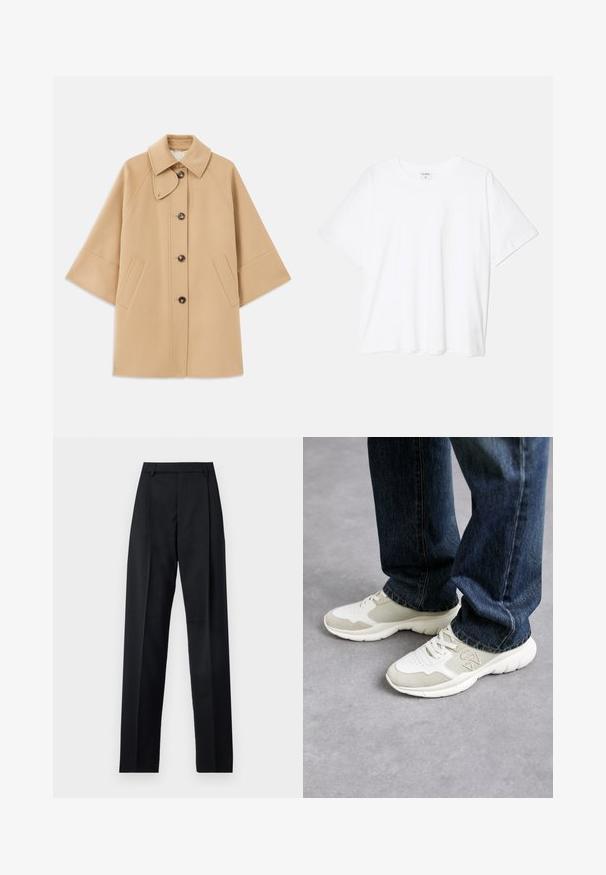 Casaco em mistura de lã bege com colarinho clássico, fecho frontal com botões e bolsos laterais; possui mangas raglan e um design limpo e estruturado.; T-shirt de algodão branco com mangas curtas, decote redondo, corte descontraído e bainha cosida. Etiqueta visível no interior do pescoço.; Calças pretas feitas de um tecido suave, com uma cintura alta, pernas largas, pregas frontais e passadores de cinto clássicos. Não há bolsos laterais visíveis.; Ténis em cinza claro e bege suave em malha com detalhes em camurça. Apresenta um design de atacadores e uma sola de borracha branca grossa. Usados com jeans azuis.
