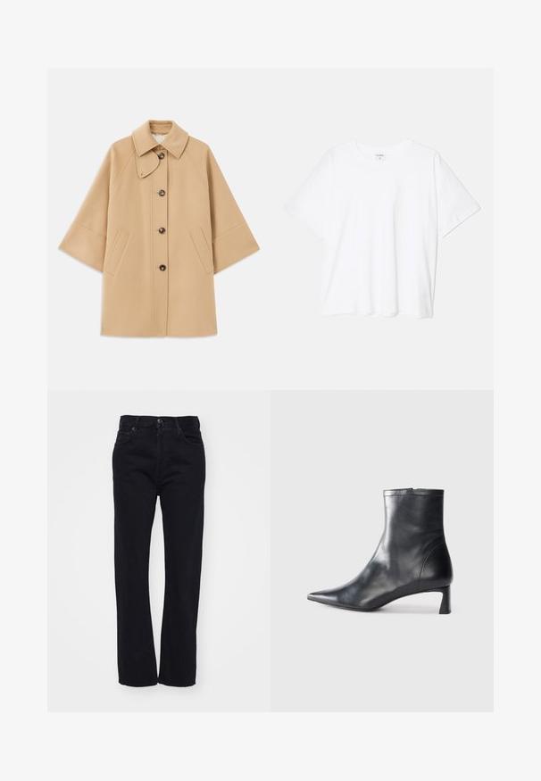Casaco em mistura de lã bege com colarinho clássico, fecho frontal com botões e bolsos laterais; possui mangas raglan e um design limpo e estruturado.; T-shirt de algodão branco com mangas curtas, decote redondo, corte descontraído e bainha cosida. Etiqueta visível no interior do pescoço.; Jeans de denim preto com corte reto, apresentando um design clássico de cinco bolsos e fecho frontal com botão. Tecido limpo e texturizado.; Bota de tornozelo em pele preta com biqueira apontada e um design elegante. Apresenta um salto baixo e um fecho com zipper na parte de trás. Textura suave.