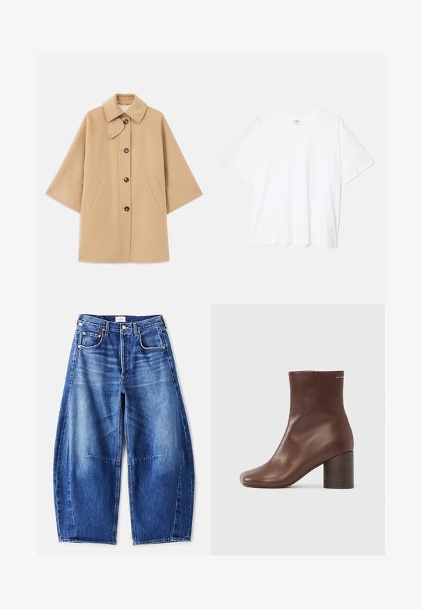 Bež kaput od vune s kombinacijom materijala, klasičnog ovratnika, prednjim zatvorenjem na dugmad i bočnim dzepovima; ima raglan rukave i čist, strukturiran dizajn.; Bijela pamučna majica s kratkim rukavima, okruglim izrezom, opuštenim krojem i šivenim rubom. Etiketa je vidljiva na unutarnjoj strani vrata.; Široke plave traperice s izbjeljenim završetkom, s pet džepova, bakrenim zakovicama i zatvaračem na patentni zatvarač. Tkanina je teksturirana i čvrsta.; Smeđe kožne gležnjače glatke teksture, s kvadratnim vrhom i čvrstom drvenom petom, s jednostavnim patentnim zatvaračem sa strane.