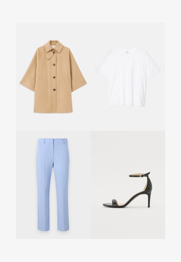 Bežs vilnas maisījuma mētelis ar klasisku apkakli, priekšējo pogu aizdares un sānu kabatām; satur raglanu piedurknes un tīru, strukturētu dizainu.; Balta kokvilnas T-krekls ar īsām piedurknēm, apaļu dekoltē, brīva piegriezuma un šūtu apakšmalu. Etiķete redzama iekšējā kakla daļā.; Gaiši zili pielāgoti bikses ar gludu priekšpusi, divām sānu kabatām un smalkām krokām, kas skrien pa katras kājas priekšpusi.; Melnas ādas augstpapēžu sandales ar potītes siksniņu. Iezīmes gluda tekstūra, atvērta purngala un plāna papēža. Zelta krāsas sprādzes detaļa.