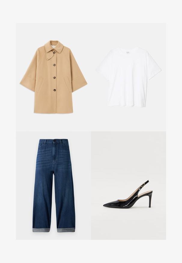 Bežna volnena jopica s klasičnim ovratnikom, sprednjim gumbom za zapiranje in stranskimi žepi; ima raglan rokave in čist, strukturiran dizajn.; Bela bombažna majica s kratkimi rokavi, okroglim izrezom, sproščenim krojem in šivanim robom. Oznaka vidna na notranji strani izreza.; Temno modri široki traper hlače s manšeti, sprednjim gumbom in žepoma na enostavni svetli podlagi.; Črne lakirane slingback čevlje z izostrenim nosom, ozkim peto in subtilnim izrezom. Na traku je zlata sponka.