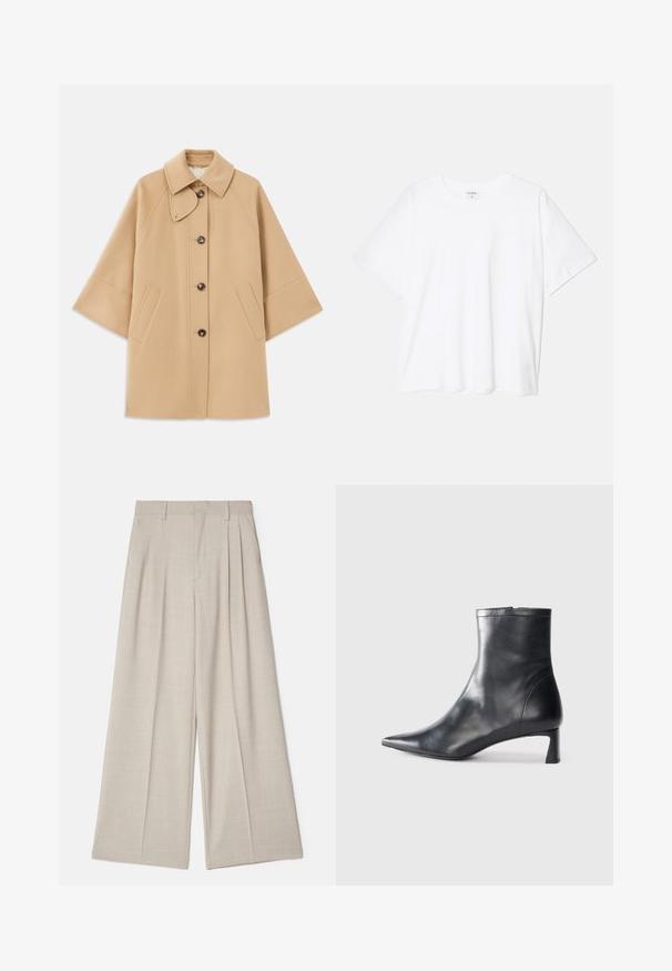 Manteau en mélange de laine beige avec un col classique, fermeture à boutons à l'avant et poches latérales ; présente des manches raglan et un design épuré et structuré.; T-shirt en coton blanc avec des manches courtes, un col rond, une coupe décontractée et un ourlet cousu. Étiquette visible à l'intérieur du col.; Pantalons larges beiges avec une texture lisse, dotés de plis à l'avant, d'une taille plate et d'un design ajusté pour une coupe décontractée.; Bottine en cuir noir avec un bout pointu et un design épuré. Présente un petit talon et une fermeture éclair à l'arrière. Texture lisse.