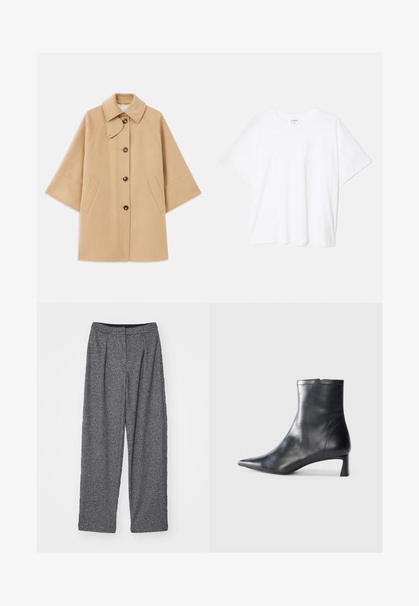 Bež kaput od vune s kombinacijom materijala, klasičnog ovratnika, prednjim zatvorenjem na dugmad i bočnim dzepovima; ima raglan rukave i čist, strukturiran dizajn.; Bijela pamučna majica s kratkim rukavima, okruglim izrezom, opuštenim krojem i šivenim rubom. Etiketa je vidljiva na unutarnjoj strani vrata.; Sive karirane hlače s visokim strukom, širokim nogavicama i plisiranim detaljima. Izrađene su od teksturirane tkanine s monokromatskim uzorkom.; Crne kožne gležnjače s uskim vrhom i elegantnim dizajnom. Imaju niski potpetak i zatvaranje na patentni zatvarač straga. Glatka tekstura.