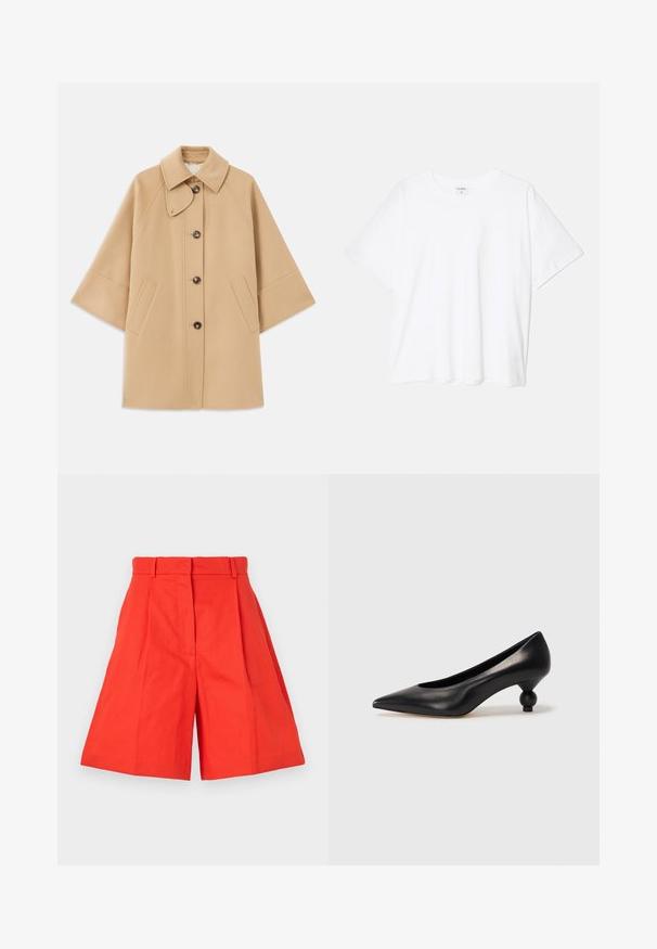 Cappotto in misto lana beige con colletto classico, chiusura frontale con bottoni e tasche laterali; presenta maniche a raglan e un design pulito e strutturato.; T-shirt bianco in cotone con maniche corte, scollo rotondo, vestibilità comoda e orlo cucito. Etichetta visibile all'interno del colletto.; Shorts in cotone rosso con vita alta, caratterizzati da pieghe e una silhouette ampia. Tessuto liscio e linee pulite. Senza tasche né decorazioni.; Scarpa con tacco alto in pelle nera, con punta affilata e tacco arrotondato e bombato. Texture liscia con un design elegante e minimalista.