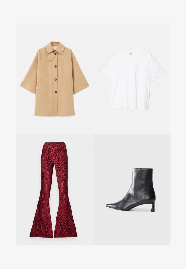 Bež kaput od vune s kombinacijom materijala, klasičnog ovratnika, prednjim zatvorenjem na dugmad i bočnim dzepovima; ima raglan rukave i čist, strukturiran dizajn.; Bijela pamučna majica s kratkim rukavima, okruglim izrezom, opuštenim krojem i šivenim rubom. Etiketa je vidljiva na unutarnjoj strani vrata.; Stieglitz MISO FLARED LEGGINGS - Tajice-hlače - red; Crne kožne gležnjače s uskim vrhom i elegantnim dizajnom. Imaju niski potpetak i zatvaranje na patentni zatvarač straga. Glatka tekstura.