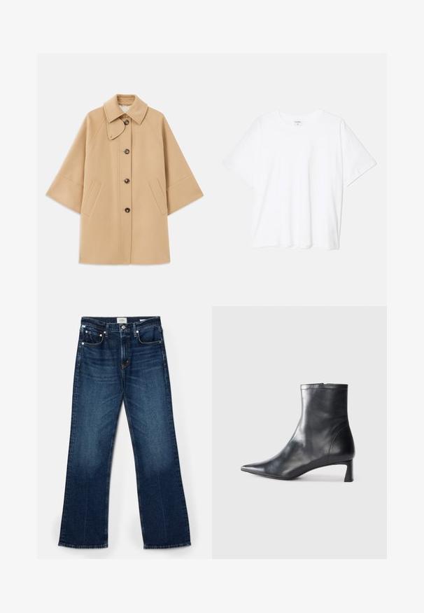 Cappotto in misto lana beige con colletto classico, chiusura frontale con bottoni e tasche laterali; presenta maniche a raglan e un design pulito e strutturato.; T-shirt bianco in cotone con maniche corte, scollo rotondo, vestibilità comoda e orlo cucito. Etichetta visibile all'interno del colletto.; Jeans in denim blu scuro, taglio a gamba ampia, stile a cinque tasche, con cuciture in evidenza e una texture liscia con lieve scoloritura.; Stivaletto in pelle nera con punta affusolata e design elegante. Presenta un tacco basso e una chiusura con zip sul retro. Texture liscia.