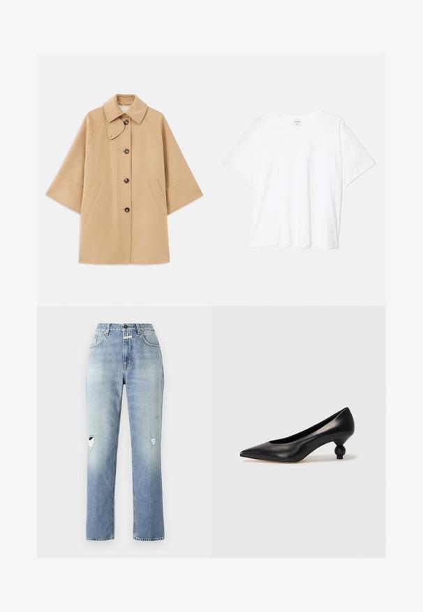 Beige kabát z vlněné směsi s klasickým límcem, zapínáním na knoflíky vpředu a bočními kapsami; má raglánové rukávy a čistý, strukturovaný design.; Bílý bavlněný tričko s krátkým rukávem, kulatým výstřihem, volným střihem a šitým lemem. Nálepka viditelná na vnitřní straně výstřihu.; Světle modré džíny z džínoviny s vysokým pasem a rovnou nohavicí. Obsahují distressed detaily na obou kolenou a klasický design s pěti kapsami.; Černá kožená vysoká bota na podpatku s špičatou špičkou a kulatým, zaobleným podpatkem. Hladká textura s elegantním, minimalistickým designem.