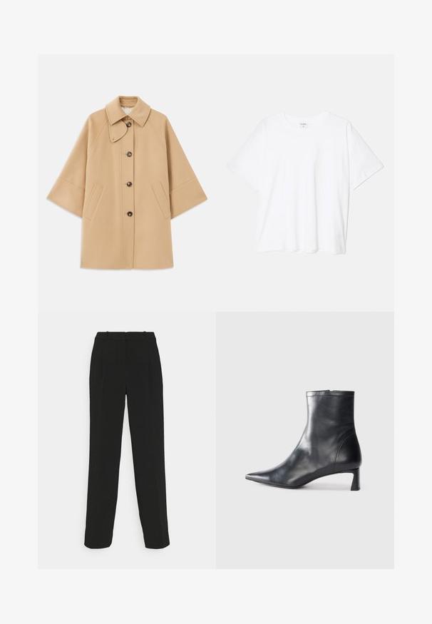 Beige wool blend coat with a classic collar, front button closure, and side pockets; features raglan sleeves and a clean, structured design.; White cotton t-shirt with short sleeves, round neckline, relaxed fit, and stitched hem. Label visible on the inside neck.; Black tailored trousers with a straight-leg design, featuring a high waist, pleats, and smooth fabric texture.; Black leather ankle boot with a pointed toe and a sleek design. Features a low heel and a zipper closure at the back. Smooth texture.