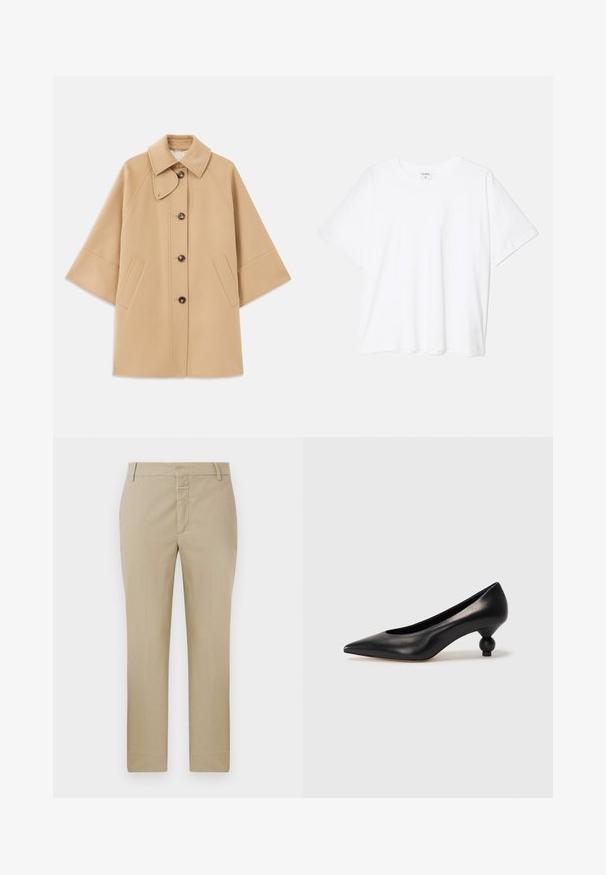 Beige uldblandingsfrakke med klassisk krave, frontknaplukning og sidelommer; har raglanærmer og et rent, struktureret design.; Hvid bomulds-t-shirt med korte ærmer, rund halsudskæring, afslappet pasform og stitched søm. Mærket er synligt indeni halsen.; Beige bukser med lige snit, lavet af glat stof. Har lynlås og bæltestropper; minimale sømme og ingen synlige mønstre.; Sort læder høje hæle med spids tå og rund, kugleformet hæl. Glat tekstur med et stilrent, minimalistisk design.