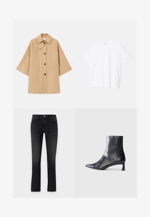 Beige gyapjú mix kabát klasszikus gallérral, elülső gombos záródással és oldalsó zsebekkel; raglán ujjaival és letisztult, strukturált dizájnjával rendelkezik.; Fehér pamut póló rövid ujjal, kerek nyakkivágással, laza fazonnal és varrott szegéllyel. Címke látható a belső nyakrészén.; rag & bone DRE LOW RISE BOYFRIEND - Karcsúsított farmerek - cornelia; Fekete bőr bokacsizma hegyes orral és letisztult dizájnnal. Alacsony sarka és hátsó cipzáras záródása van. Simának tűnő textúra.
