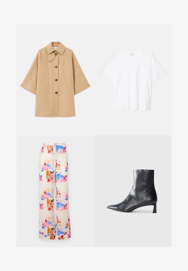 Beżowy płaszcz z wełny z klasycznym kołnierzem, z przodu zapinany na guziki, z kieszeniami po bokach; posiada rękawy raglanowe oraz prosty, uporządkowany fason.; Biała bawełniana koszulka z krótkim rękawem, okrągłym dekoltem, luźnym krojem i przeszytym brzegiem. Metka widoczna wewnątrz dekoltu.; Spodnie z szerokimi nogawkami w kremowym materiale, ozdobione kolorowym wzorem akwarelowym z różowymi, niebieskimi i pomarańczowymi akcentami. Lekki i przepuszczający powietrze materiał.; Czarne skórzane botki sięgające kostki z ostrym noskiem i eleganckim designem. Posiadają niski obcas oraz zamek błyskawiczny z tyłu. Gładka faktura.