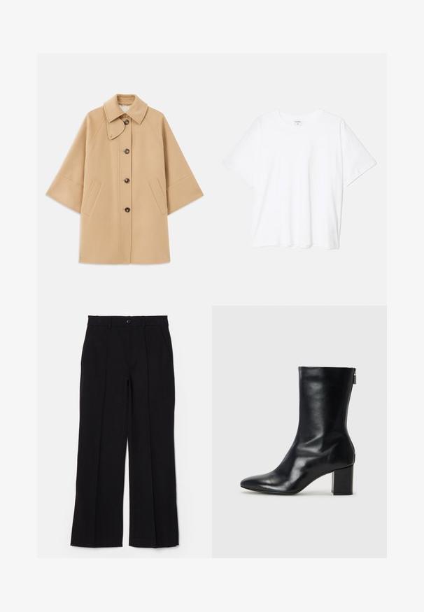 Beige Wollmischungsjacke mit klassischem Kragen, durchgehender Knopfleiste und Seitentaschen; verfügt über Raglanärmel und ein sauberes, strukturiertes Design.; Weißes Baumwoll-T-Shirt mit kurzen Ärmeln, runder Halslinie, lockerer Passform und genähtem Saum. Etikett sichtbar am inneren Kragen.; Schwarze Hose mit flachem Frontdesign, geraden Beinen und Taschen. Hergestellt aus einem weichen Stoff, mit einem einzigen Knopfverschluss und Gürtelschlaufen.; Schwarze Leder-Ankle-Boots mit spitzer Zehe und 4 cm Blockabsatz. Schlankes Design mit einem seitlichen Reißverschluss für einfaches Anziehen. Glatte Textur.