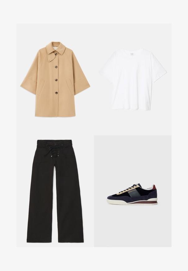 Bežs vilnas maisījuma mētelis ar klasisku apkakli, priekšējo pogu aizdares un sānu kabatām; satur raglanu piedurknes un tīru, strukturētu dizainu.; Balta kokvilnas T-krekls ar īsām piedurknēm, apaļu dekoltē, brīva piegriezuma un šūtu apakšmalu. Etiķete redzama iekšējā kakla daļā.; Melni plati bikses ar augstu vidukli, ar šņorējamu priekšpusi un pogu. Izgatavotas no denima ar gludu tekstūru.; Jūras spēku zilo zamšādas sporta apavi ar bēšiem un tumši ziliem akcentiem. Aprīkoti ar baltu gumijas zoli un zelta logotipu sānos. Klasiska sporta dizaina.