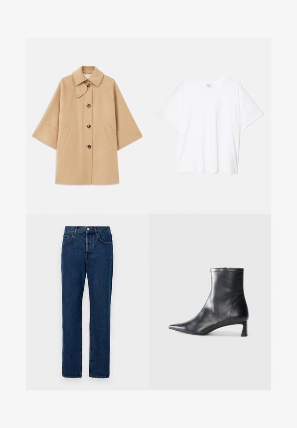 Beige kabát z vlněné směsi s klasickým límcem, zapínáním na knoflíky vpředu a bočními kapsami; má raglánové rukávy a čistý, strukturovaný design.; Bílý bavlněný tričko s krátkým rukávem, kulatým výstřihem, volným střihem a šitým lemem. Nálepka viditelná na vnitřní straně výstřihu.; Džínové kalhoty v tmavě modré barvě, s klasickým rovný střih, pěti kapsami a viditelným šitím. Látka má mírnou texturu.; Černé kožené kotníkové boty s špičatou špičkou a elegantním designem. Mají nízký podpatek a zipové zapínání na zadní straně. Hladká textura.