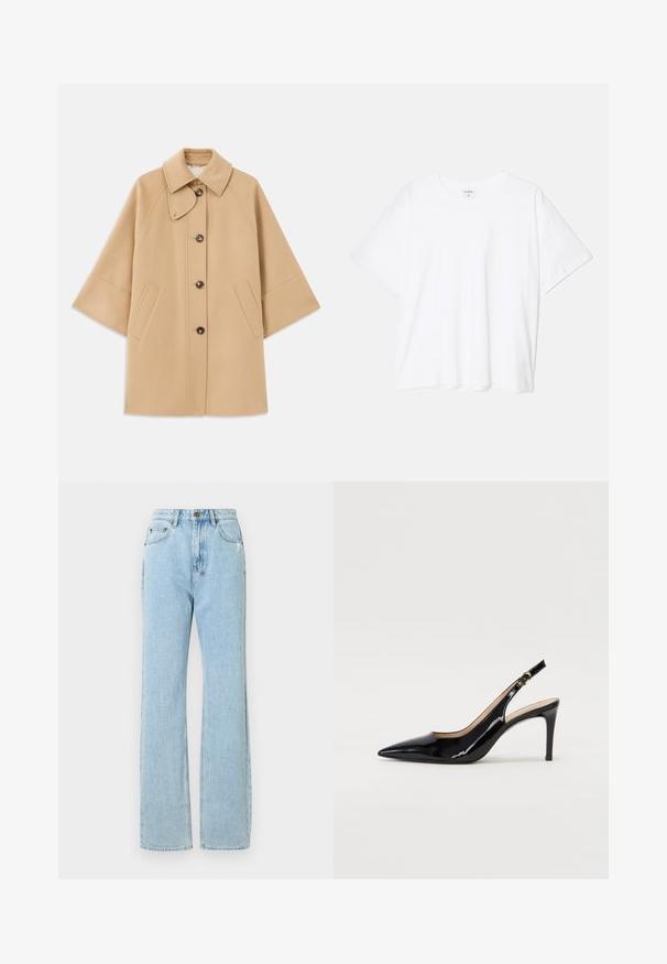 Beige wool blend coat with a classic collar, front button closure, and side pockets; features raglan sleeves and a clean, structured design.; White cotton t-shirt with short sleeves, round neckline, relaxed fit, and stitched hem. Label visible on the inside neck.; Light blue denim jeans with a straight-leg design, featuring a zipper fly, five pockets, and subtle whiskering details.; Black patent leather slingback pump with pointed toe, slim heel, and a subtle cutout design. Features a gold buckle on the strap.