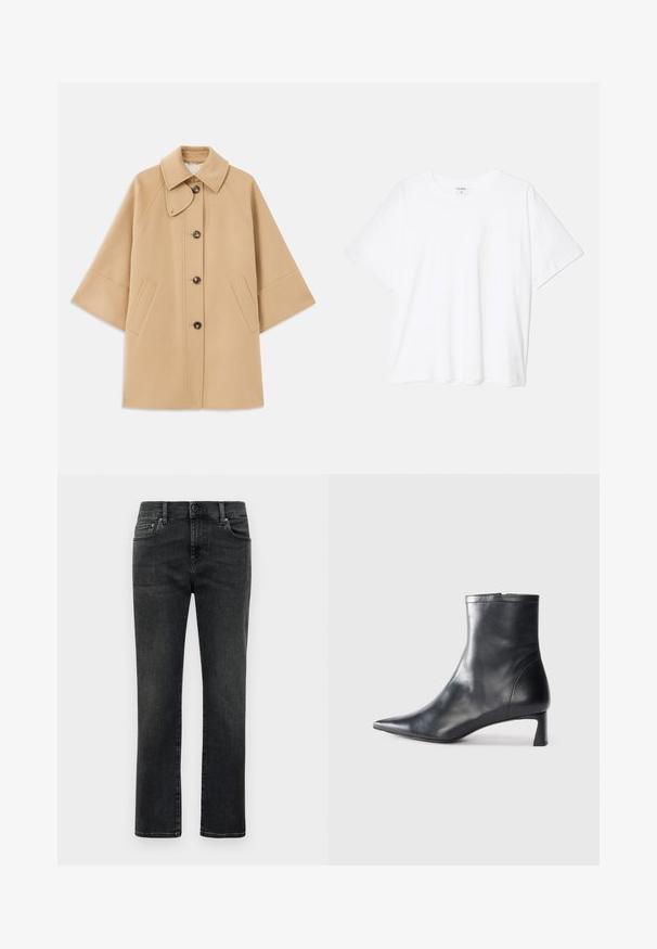 Bežs vilnas maisījuma mētelis ar klasisku apkakli, priekšējo pogu aizdares un sānu kabatām; satur raglanu piedurknes un tīru, strukturētu dizainu.; Balta kokvilnas T-krekls ar īsām piedurknēm, apaļu dekoltē, brīva piegriezuma un šūtu apakšmalu. Etiķete redzama iekšējā kakla daļā.; Vīriešu taisnu kāju melni izbalējuši džinsi ar priekšējo pogu un piecu kabatu dizainu uz vienkārša balta fona.; Melnas ādas potītes zābaki ar norādītu pirkstu un elegantu dizainu. Iezīmē zemu papēdi un rāvējslēdzēja aizdari aizmugurē. Gluda tekstūra.