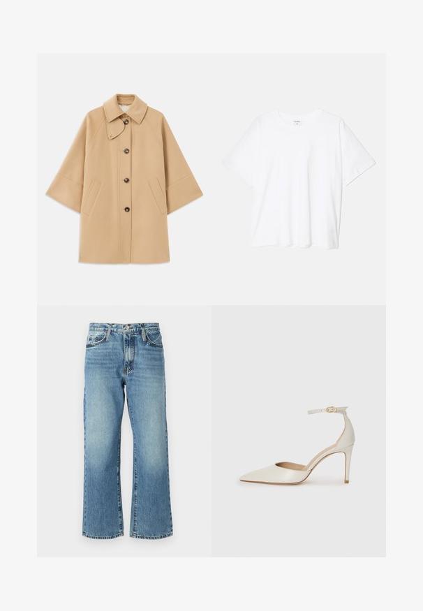 Beige Wollmischungsjacke mit klassischem Kragen, durchgehender Knopfleiste und Seitentaschen; verfügt über Raglanärmel und ein sauberes, strukturiertes Design.; Weißes Baumwoll-T-Shirt mit kurzen Ärmeln, runder Halslinie, lockerer Passform und genähtem Saum. Etikett sichtbar am inneren Kragen.; Hellblaue Denim-Jeans mit weitem Bein, fünf Taschen und einem Knopfverschluss. Der Stoff zeigt dezente Verblendungen und eine klassische Textur.; Weiße Leder-Pumps mit spitz zulaufender Zehe, Knöchelriemen und schlanker Stiletto-Absatz. Glatte Oberfläche mit dezent glänzendem Finish.