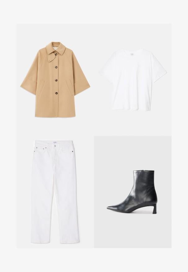 Beige kabát z vlněné směsi s klasickým límcem, zapínáním na knoflíky vpředu a bočními kapsami; má raglánové rukávy a čistý, strukturovaný design.; Bílý bavlněný tričko s krátkým rukávem, kulatým výstřihem, volným střihem a šitým lemem. Nálepka viditelná na vnitřní straně výstřihu.; Bílé džíny s rovnými nohavicemi, které mají klasické pětipocketové uspořádání a stříbrné kovové doplňky na pase.; Černé kožené kotníkové boty s špičatou špičkou a elegantním designem. Mají nízký podpatek a zipové zapínání na zadní straně. Hladká textura.