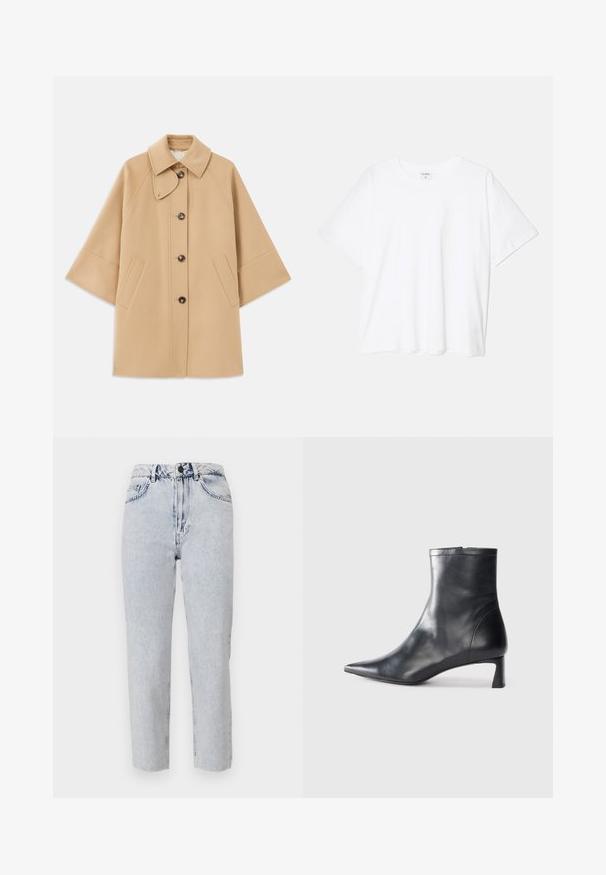 Beige wool blend coat with a classic collar, front button closure, and side pockets; features raglan sleeves and a clean, structured design.; White cotton t-shirt with short sleeves, round neckline, relaxed fit, and stitched hem. Label visible on the inside neck.; Light wash denim jeans with a straight-leg cut, high waist, front pockets, and belt loops. The fabric has a soft, slightly faded texture.; Black leather ankle boot with a pointed toe and a sleek design. Features a low heel and a zipper closure at the back. Smooth texture.