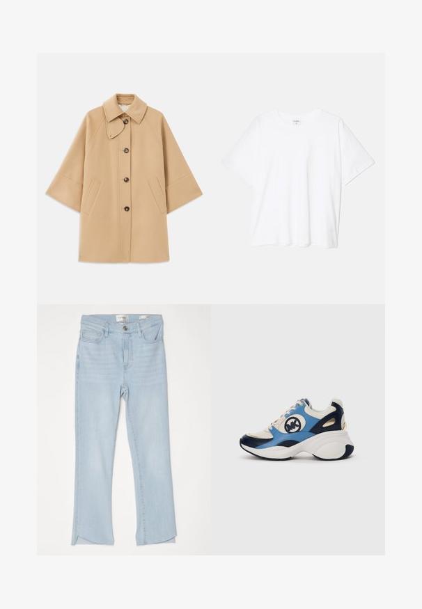 Manteau en mélange de laine beige avec un col classique, fermeture à boutons à l'avant et poches latérales ; présente des manches raglan et un design épuré et structuré.; T-shirt en coton blanc avec des manches courtes, un col rond, une coupe décontractée et un ourlet cousu. Étiquette visible à l'intérieur du col.; Jean en denim bleu clair avec une coupe droite, dotés d'un ourlet brut, de poches standard et d'une fermeture à bouton. Texture lisse avec un léger délavage.; Baskets en daim blanches, bleu marine et bleu clair avec une semelle épaisse et un logo brodé circulaire sur le côté.