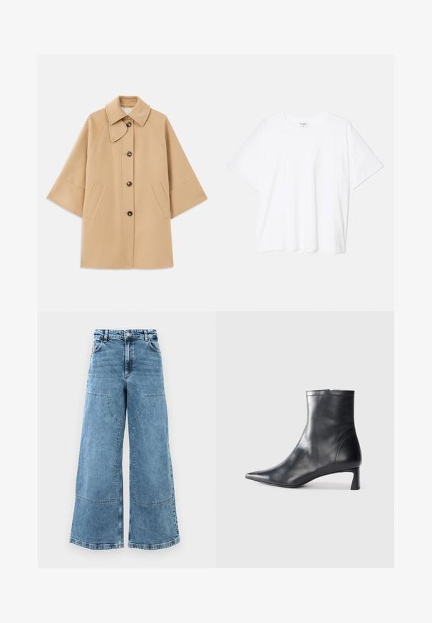 Casaco em mistura de lã bege com colarinho clássico, fecho frontal com botões e bolsos laterais; possui mangas raglan e um design limpo e estruturado.; T-shirt de algodão branco com mangas curtas, decote redondo, corte descontraído e bainha cosida. Etiqueta visível no interior do pescoço.; Jeans de ganga de perna larga em azul claro com cintura alta, grandes bolsos frontais e costura visível. Apresenta um design clássico de cinco bolsos.; Bota de tornozelo em pele preta com biqueira apontada e um design elegante. Apresenta um salto baixo e um fecho com zipper na parte de trás. Textura suave.