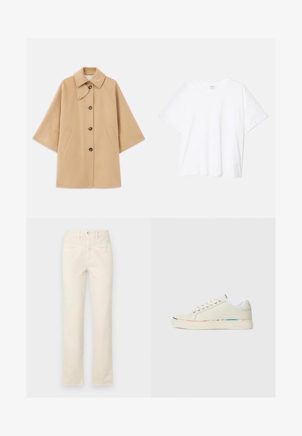 Casaco em mistura de lã bege com colarinho clássico, fecho frontal com botões e bolsos laterais; possui mangas raglan e um design limpo e estruturado.; T-shirt de algodão branco com mangas curtas, decote redondo, corte descontraído e bainha cosida. Etiqueta visível no interior do pescoço.; Calças de algodão bege com um design de perna reta, apresentando um fecho de botão e discretas bolsas frontais. A bainha tem um leve detalhe desfiado.; Sapatilha de cano baixo em off-white com design de atacadores, forro interior branco e detalhes discretos em várias cores ao longo da borda da sola, vista lateral.