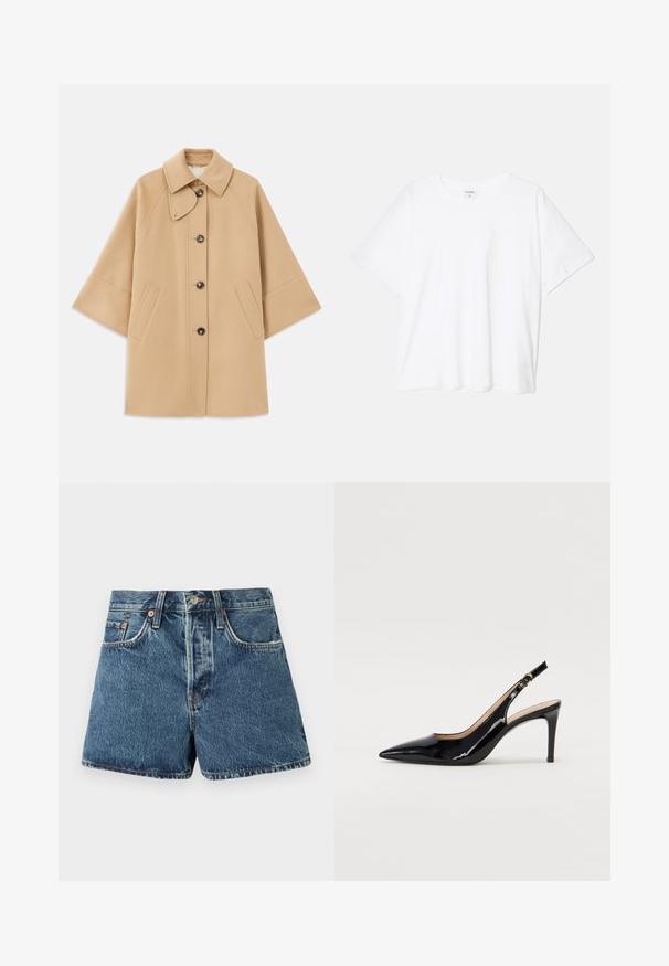 Bežový kabát z vlnenej zmesi s klasickým golierom, predným zapínaním na gombíky a bočnými vreckami; má raglánové rukávy a čistý, štruktúrovaný dizajn.; Biely bavlnený tričko s krátkymi rukávmi, okrúhlym výstrihom, voľným strihom a prešitým lemom. Štítok viditeľný na vnútornom krku.; Džínshortky v stredne modrej farbe s vysokým pásom, piatimi vreckami, kontrastným prešívaním a kovovým zapínaním. Textúrovaná tkanina s miernym vyblednutím.; Čierne lakované kožené slingback lodičky s špicatou špičkou, štíhlým podpätkom a jemným výrezom. Obsahuje zlatú pracku na remienku.