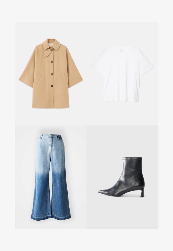 Palton din lână bej, cu un guler clasic, închidere frontală cu nasturi și buzunare laterale; are mâneci raglan și un design curat, structurat.; Tricou alb din bumbac, cu mâneci scurte, guler rotund, croi lejer și tiv cusut. Eticheta este vizibilă pe interiorul gulerului.; Jeans din denim de culoare bleu deschis, cu croială largă, prezentând un gradient decolorat de la deschis la închis, tiv cusut și design cu cinci buzunare.; Cizmă de gleznă din piele neagră cu vârf ascuțit și un design elegant. Dispune de un toc mic și de o închidere cu fermoar la spate. Textură netedă.