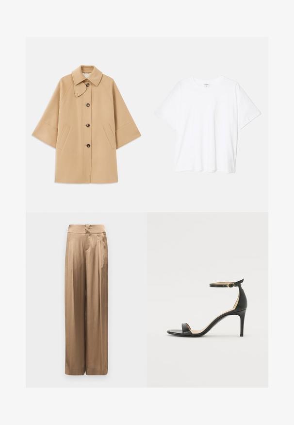 Beige villasekoituksesta valmistettu takki, jossa on klassinen kaulus, etupainikekiinnitys ja sivutaskut; sisältää raglan-hihat ja siistin, jämäkän muotoilun.; Valkoinen puuvillapaita lyhyillä hihoilla, pyöreällä pääntiellä, rentoa tyyliä ja ommeltu helma. Tunniste näkyvissä sisäkauluksessa.; Käytävän levyiset housut metallinhohtoisesta pronssikankaasta. Niissä on sileä pinta, korkea vyötärö ja etupuolelta muotoa antavat laskostukset.; Musta nahkainen korkokenkä nilkkahihnalla. Sen pinta on sileä, avotoppi ja ohut korko. Kultasävyinen solk yksityiskohtana.