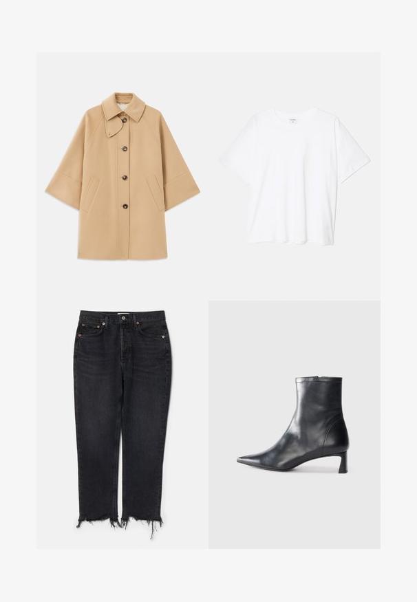 Bežs vilnas maisījuma mētelis ar klasisku apkakli, priekšējo pogu aizdares un sānu kabatām; satur raglanu piedurknes un tīru, strukturētu dizainu.; Balta kokvilnas T-krekls ar īsām piedurknēm, apaļu dekoltē, brīva piegriezuma un šūtu apakšmalu. Etiķete redzama iekšējā kakla daļā.; Agolde RILEY CROP - Pieguloša piegriezuma džinsi - hitch; Melnas ādas potītes zābaki ar norādītu pirkstu un elegantu dizainu. Iezīmē zemu papēdi un rāvējslēdzēja aizdari aizmugurē. Gluda tekstūra.