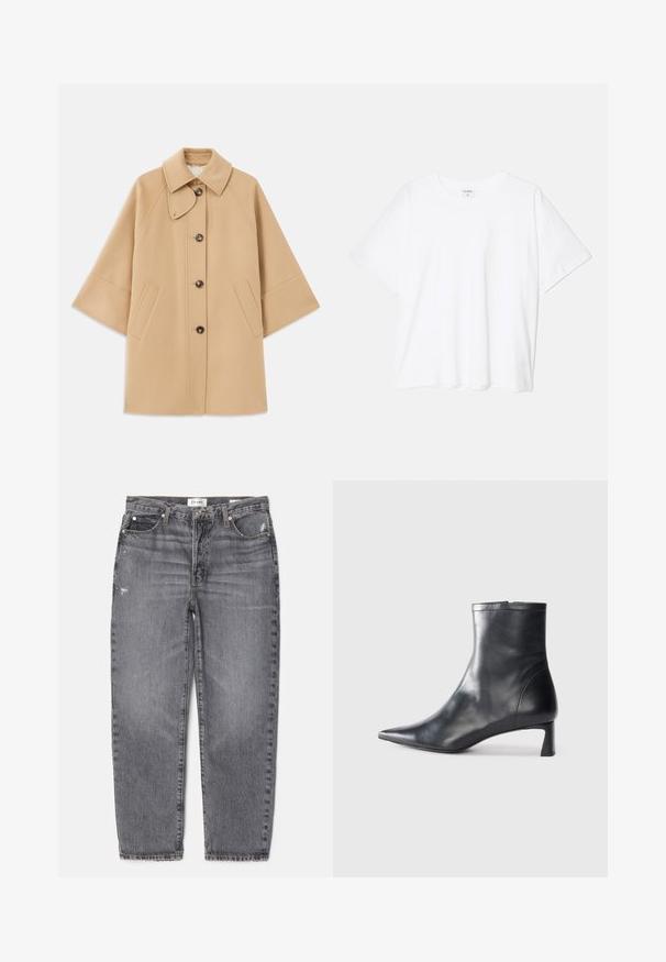 Beež villasegu jakk klassikalise kraega, ees nuppude sulgemise ja küljetaskutega; omab raglan-varrukaid ja puhtalt, struktureeritud disaini.; Valge puuvillane T-särk lühikeste varrukatega, ümmargune kaelus, mugav lõige ja õmmeldud serv. Silt nähtav kaela seest.; Halli denim teksad sirge lõikega, meeldivalt kulunud tekstuuriga, esiosas kerge kulumisjälg ja klassikaline viie tasku disain.; Mustad mustall nahkasaabas terava nina ja stiilse disainiga. Omab madalat konts ja luku sulgemist taga. Sile tekstuur.