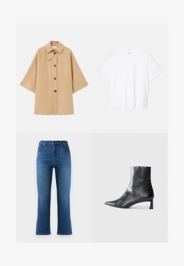 Beige gyapjú mix kabát klasszikus gallérral, elülső gombos záródással és oldalsó zsebekkel; raglán ujjaival és letisztult, strukturált dizájnjával rendelkezik.; Fehér pamut póló rövid ujjal, kerek nyakkivágással, laza fazonnal és varrott szegéllyel. Címke látható a belső nyakrészén.; Sötétkék denim harangszárú farmernadrág magas derékkal, öt zsebes kialakítással és látható varrásokkal. Simának tűnő textúrájú, néhány helyen enyhén kopott.; Fekete bőr bokacsizma hegyes orral és letisztult dizájnnal. Alacsony sarka és hátsó cipzáras záródása van. Simának tűnő textúra.