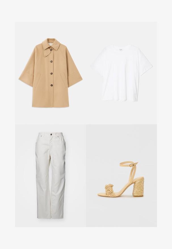 Manteau en mélange de laine beige avec un col classique, fermeture à boutons à l'avant et poches latérales ; présente des manches raglan et un design épuré et structuré.; T-shirt en coton blanc avec des manches courtes, un col rond, une coupe décontractée et un ourlet cousu. Étiquette visible à l'intérieur du col.; Pantalons en coton blanc avec une coupe droite, dotés d'une taille élastique, de deux poches avant et de finitions brutes.; Sandale à talons hauts beige avec une texture tressée, ornée d'une fleur décorative et d'une bride à la cheville. Le talon carré ajoute de la stabilité.