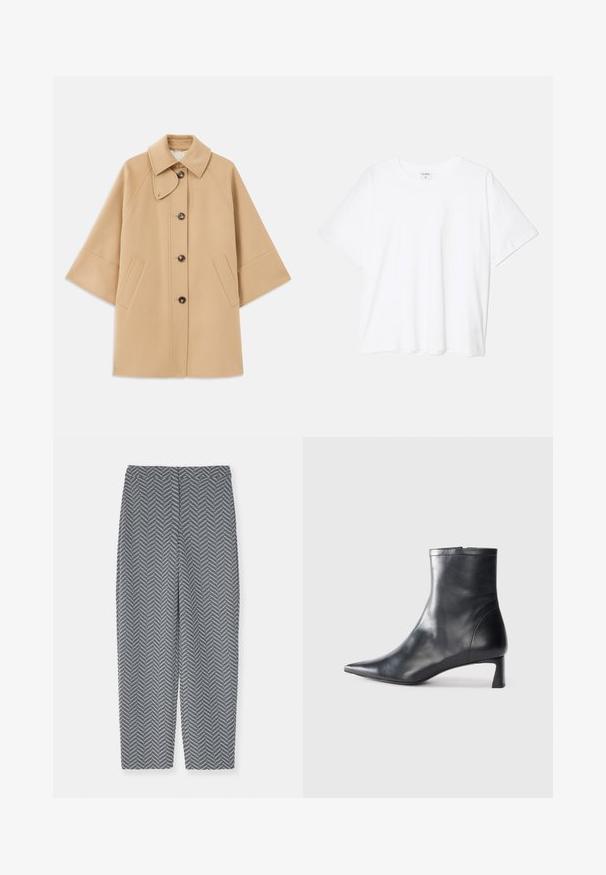 Beige wool blend coat with a classic collar, front button closure, and side pockets; features raglan sleeves and a clean, structured design.; White cotton t-shirt with short sleeves, round neckline, relaxed fit, and stitched hem. Label visible on the inside neck.; Emporio Armani PANTALONI - Trousers - grey; Black leather ankle boot with a pointed toe and a sleek design. Features a low heel and a zipper closure at the back. Smooth texture.