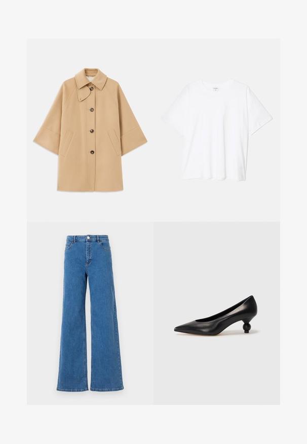 Beige villasekoituksesta valmistettu takki, jossa on klassinen kaulus, etupainikekiinnitys ja sivutaskut; sisältää raglan-hihat ja siistin, jämäkän muotoilun.; Valkoinen puuvillapaita lyhyillä hihoilla, pyöreällä pääntiellä, rentoa tyyliä ja ommeltu helma. Tunniste näkyvissä sisäkauluksessa.; Hyvä vyötärö, laaja lahkeinen sininen farkut, joissa on etutaskut ja napitus. Kangas on sileä ja siinä on klassinen ommeltu kuvio.; Musta nahkakengät korkealla korolla, joissa on terävä kärki ja pyöreä, pallomainen korko. Sileä pinta ja tyylikäs, minimalistinen muotoilu.