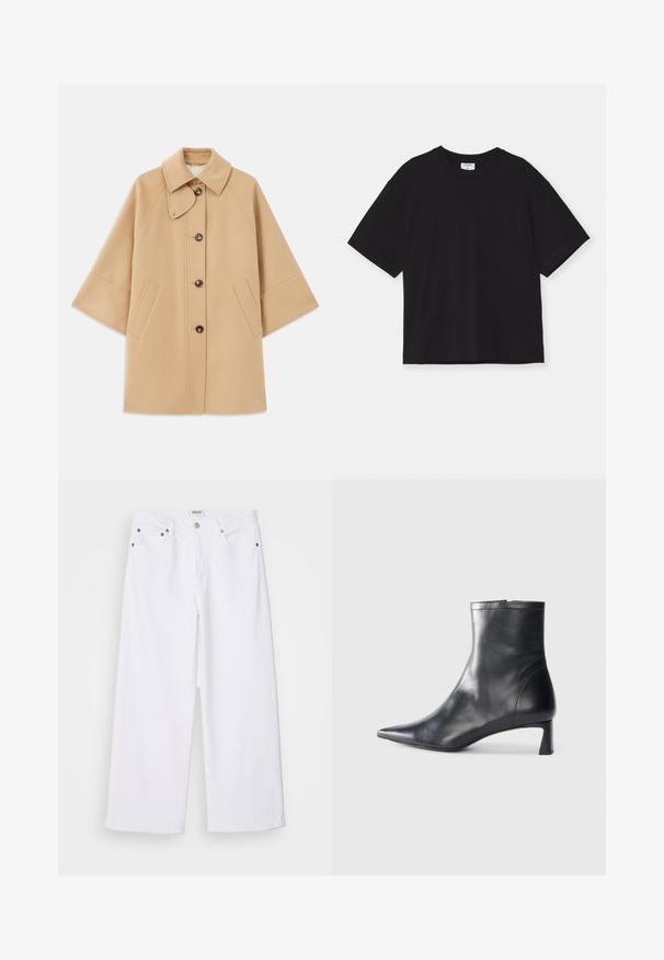 Beige gyapjú mix kabát klasszikus gallérral, elülső gombos záródással és oldalsó zsebekkel; raglán ujjaival és letisztult, strukturált dizájnjával rendelkezik.; Fekete, rövid ujjú pamut póló. Lazán illeszkedik, kerek nyakkivágása van, és nincs rajta látható minta vagy díszítés.; Fehér, bő szabású farmernadrág, öt zsebes dizájnnal, fém kiegészítőkkel és magas derékkal, tiszta véggel az alsó szegélyen.; Fekete bőr bokacsizma hegyes orral és letisztult dizájnnal. Alacsony sarka és hátsó cipzáras záródása van. Simának tűnő textúra.