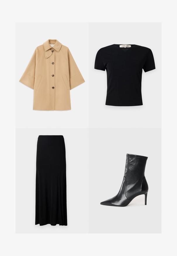 Beež villasegu jakk klassikalise kraega, ees nuppude sulgemise ja küljetaskutega; omab raglan-varrukaid ja puhtalt, struktureeritud disaini.; Must t-särk lühikeste varrukatega ja V-kaelusega, valmistatud siledast ja venivast kangast. Omab lihtsat ja klassikalist siluetti, millel puuduvad kaunistused.; Musthave muströöp, mis on valmistatud siledast kangast, külje lõhega, elastse vöökoha ja sirge lõikega minimalistlikuks disainiks.; Mustad mustajalatsid, mis on valmistatud siledast nahast, omavad teravat nina, kitsast varre ja peenikest kõrget kontsa. Minimalistlik disain, ilma nähtava riistvaraeta.