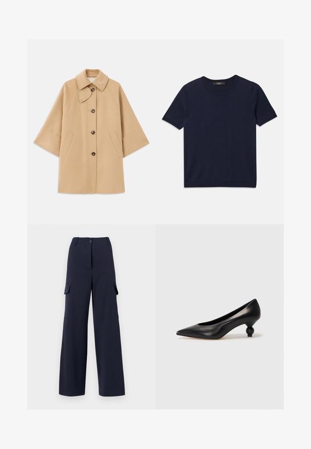 Beež villasegu jakk klassikalise kraega, ees nuppude sulgemise ja küljetaskutega; omab raglan-varrukaid ja puhtalt, struktureeritud disaini.; Tumesinine lühikese varrukaga T-särk, valmistatud pehmest kangast, ümarate krae ja soonikservadega, sile tekstuur ja ilma nähtavate mustriteta.; Tumed cargo püksid otse jalgade disainiga, millel on kaks külgmist taskut, ees nööbiga kinnitamine ja sile kangastekstr.; Must musta kõrge kontsaga king, millel on terav nina ja ümar, pallikujuline konts. Sile pind ja elegantne, minimalistlik disain.