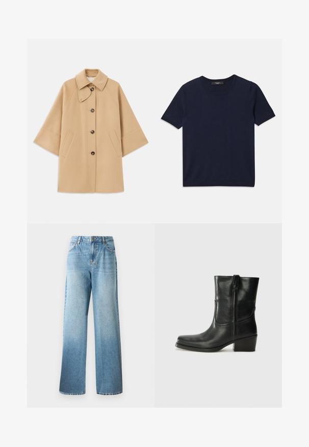 Casaco em mistura de lã bege com colarinho clássico, fecho frontal com botões e bolsos laterais; possui mangas raglan e um design limpo e estruturado.; T-shirt de manga curta azul marinho, feito de tecido suave, com decote redondo e bordas caneladas, textura lisa e sem padrões visíveis.; Jeans de ganga de cor azul clara com um corte largo, pernas retas e adornos discretos. Apresenta um design tradicional de cinco bolsos e passadores de cinto.; Bota de tornozelo em couro preto com bico arredondado, salto bloco, fecho lateral e detalhes em costura na parte frontal. Textura suave, design clássico.