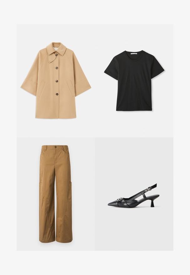 Šviesiai rudas vilnos mišinys paltas su klasikiniu apykakle, priekyje mygtukais užsegamas, ir šoninėmis kišenėmis; turi raglan tipo rankoves ir švarų, struktūrizuotą dizainą.; Juodas trumpomis rankovėmis, apvaliu kaklu, pagamintas iš medvilnės marškinėliai, išskleisti ant balto fono, su matomu prekės ženklu apykaklėje.; Rudos plačios kojos kelnes, pagamintas iš medvilnės, su sagtimi, šoninėmis kišenėmis ir akcentuotais siūlių detalėmis.; Juodas odinis slingback tipo batai su smailiu priekiniu atvartu, dekoratyvinėmis sagtimis su metaliniais akyčiais ir žemu blokiniu kulnu. Saldus paviršius.