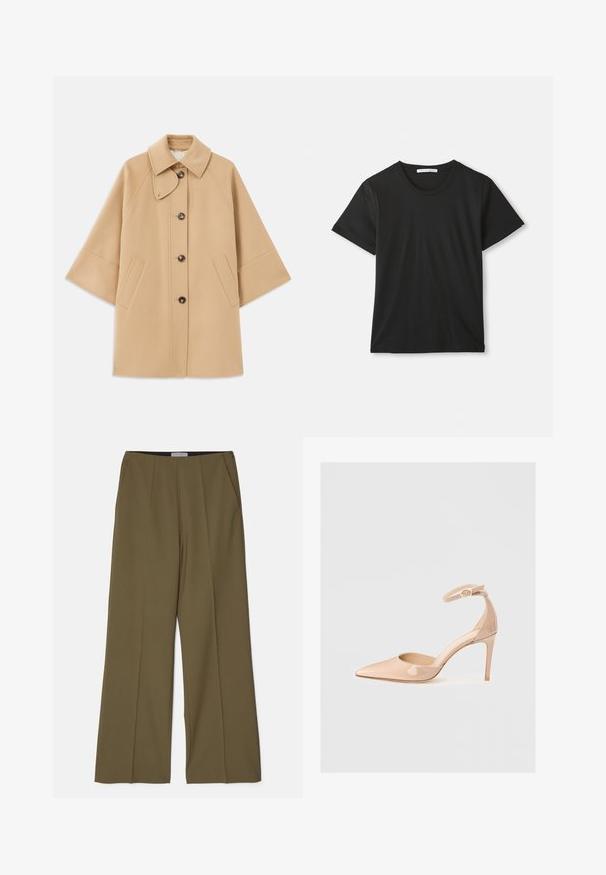 Beige kabát z vlněné směsi s klasickým límcem, zapínáním na knoflíky vpředu a bočními kapsami; má raglánové rukávy a čistý, strukturovaný design.; Černé krátké rukávové tričko s kulatým výstřihem z bavlny leží na bílém pozadí, přičemž je viditelný štítek značky na vnitřní straně límce.; Olivově zelené kalhoty s širokými nohavicemi, bočními kapsami a předními záhyby, vyrobené z hladkého materiálu značky Tiger of Sweden.; Nude lakovaná botička s špičatou špičkou, kotníkovým páskem a stiletto podpatkem, která se vyznačuje hladkým povrchem a minimalistickým designem.