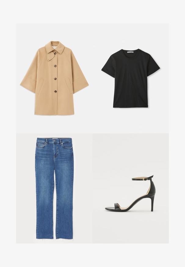 Beige wool blend coat with a classic collar, front button closure, and side pockets; features raglan sleeves and a clean, structured design.; Black short-sleeve crew neck cotton T-shirt laid flat on white background with visible brand label inside collar.; Blue denim jeans with a straight cut, featuring a button and zip closure, five pockets, and frayed hemlines at the bottom.; Black leather high-heeled sandal with an ankle strap. Features a smooth texture, open toe, and a thin heel. Gold-toned buckle detail.