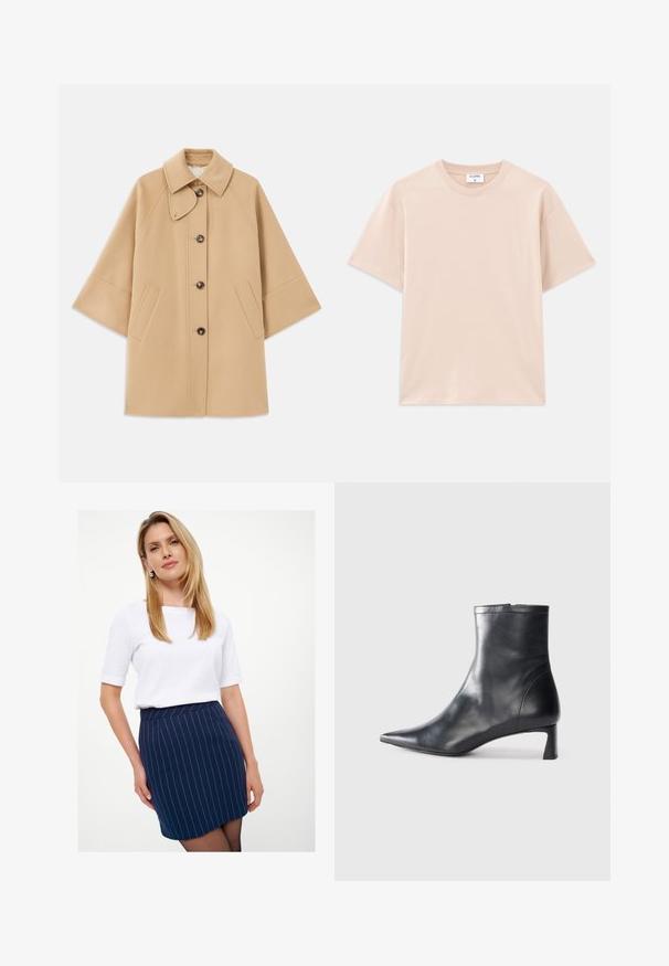 Beige wollen blend jas met een klassieke kraag, sluiting met knopen aan de voorkant en zijzakken; heeft raglanmouwen en een nette, gestructureerde uitstraling.; Korte mouwen t-shirt in lichtbeige, gemaakt van zachte katoen. Ronde halslijn, relaxte pasvorm, met rechte zoom en zonder patronen of graphics.; Marineblauwe gestreepte rok met een getailleerd ontwerp en tailleband, gecombineerd met een wit topje met korte mouwen. Glad stofoppervlak, minimalistische stijl.; Zwarte leren enkellaars met een spitse neus en een slank ontwerp. Heeft een lage hak en een ritssluiting aan de achterkant. Gladde textuur.