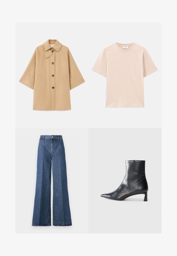 Beež villasegu jakk klassikalise kraega, ees nuppude sulgemise ja küljetaskutega; omab raglan-varrukaid ja puhtalt, struktureeritud disaini.; Lühikeste varrukatega T-särk heles bees, valminud pehmest puuvillast. Ümmargune kaelus, mugav lõige, sirge hem ja ilma mustrite või graafikateta.; Laiad sinised denimpüksid kõrge vöökohtusega, klassikalise viie taskuga ja nööpkinni, valmistatud tekstureeritud puuvillakangast.; Mustad mustall nahkasaabas terava nina ja stiilse disainiga. Omab madalat konts ja luku sulgemist taga. Sile tekstuur.