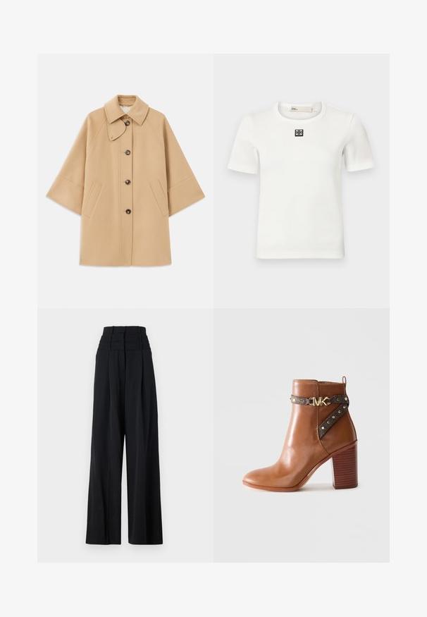Beige kabát z vlněné směsi s klasickým límcem, zapínáním na knoflíky vpředu a bočními kapsami; má raglánové rukávy a čistý, strukturovaný design.; Bílé pruhované tričko s krátkým rukávem s černým čtvercovým logem na hrudi; kulatý výstřih, přiléhavý tvar a měkká textura.; Černé kalhoty s širokými nohavicemi a vysokým pasem, s plisovanými detaily na přední straně a hladkým povrchem. Žádné viditelné logo nebo vzor.; Hnědá kožená kotníková bota s blokovým podpatkem, bočním popruhem se zlatými kuličkami a zlatou sponou s logem "MK".