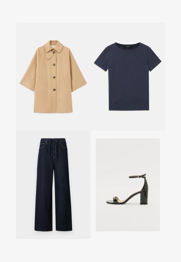 Beige wool blend coat with a classic collar, front button closure, and side pockets; features raglan sleeves and a clean, structured design.; Navy blue short-sleeved t-shirt made of soft cotton. Features a round neckline and a basic, straight-cut design.; Dark blue wide-leg denim pants with a drawstring waist, standard five-pocket design, and contrasting stitching details.; Black patent leather sandal with a wide heel, open toe, and ankle strap featuring a gold buckle. Smooth texture and sleek design.